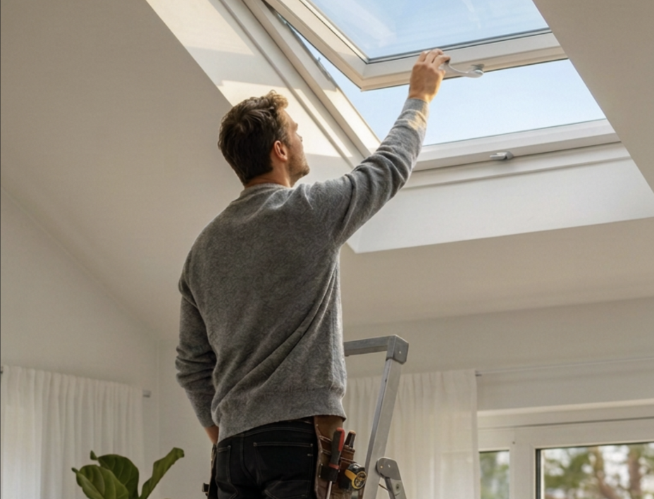 Al's Attic Ladders Worker checking VELUX code on a ladder
